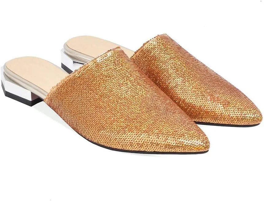 MIOKE Women's Pointed Toe Embellished Mules Flat Slip On Backless Loafer Comfy Low Heel Dress Slipper Shoes
