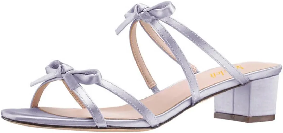 miss left Women Open Round Toe Two Bowknots Satin Mules Block Low Heel Slip on Trendy Summer Party Casual Sandals Size 4-16 US