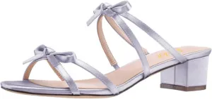 miss left Women Open Round Toe Two Bowknots Satin Mules Block Low Heel Slip on Trendy Summer Party Casual Sandals Size 4-16 US
