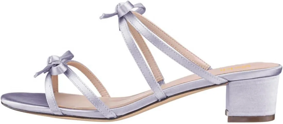 miss left Women Open Round Toe Two Bowknots Satin Mules Block Low Heel Slip on Trendy Summer Party Casual Sandals Size 4-16 US