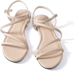 Mtzyoa Women Flat Sandals Dressy Strappy Gladiator Summer Ankle Strap Nude Open Toe Comfortable Wedding Casual Leather Ladies Party Trendy Vacation