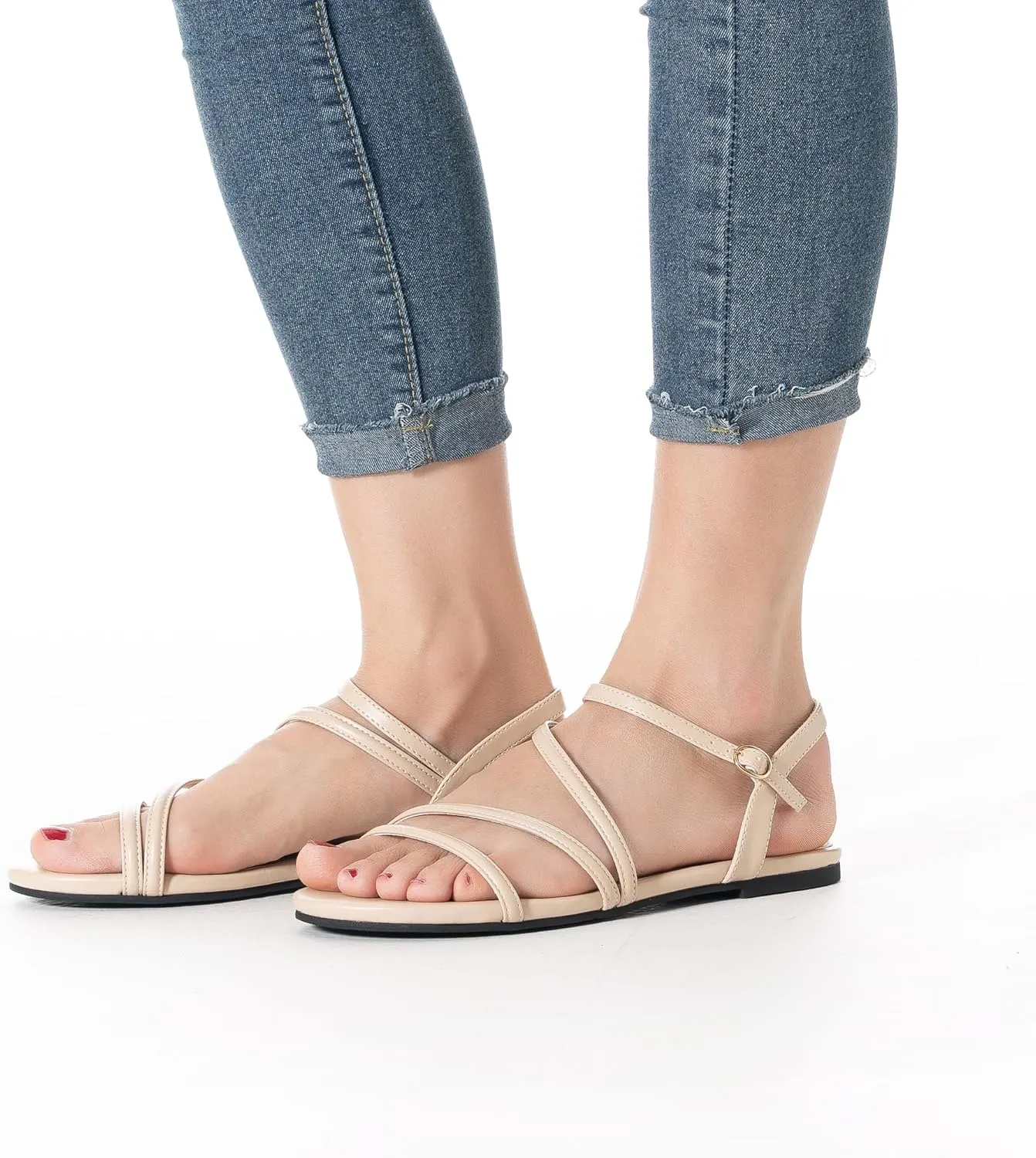 Mtzyoa Women Flat Sandals Dressy Strappy Gladiator Summer Ankle Strap Nude Open Toe Comfortable Wedding Casual Leather Ladies Party Trendy Vacation
