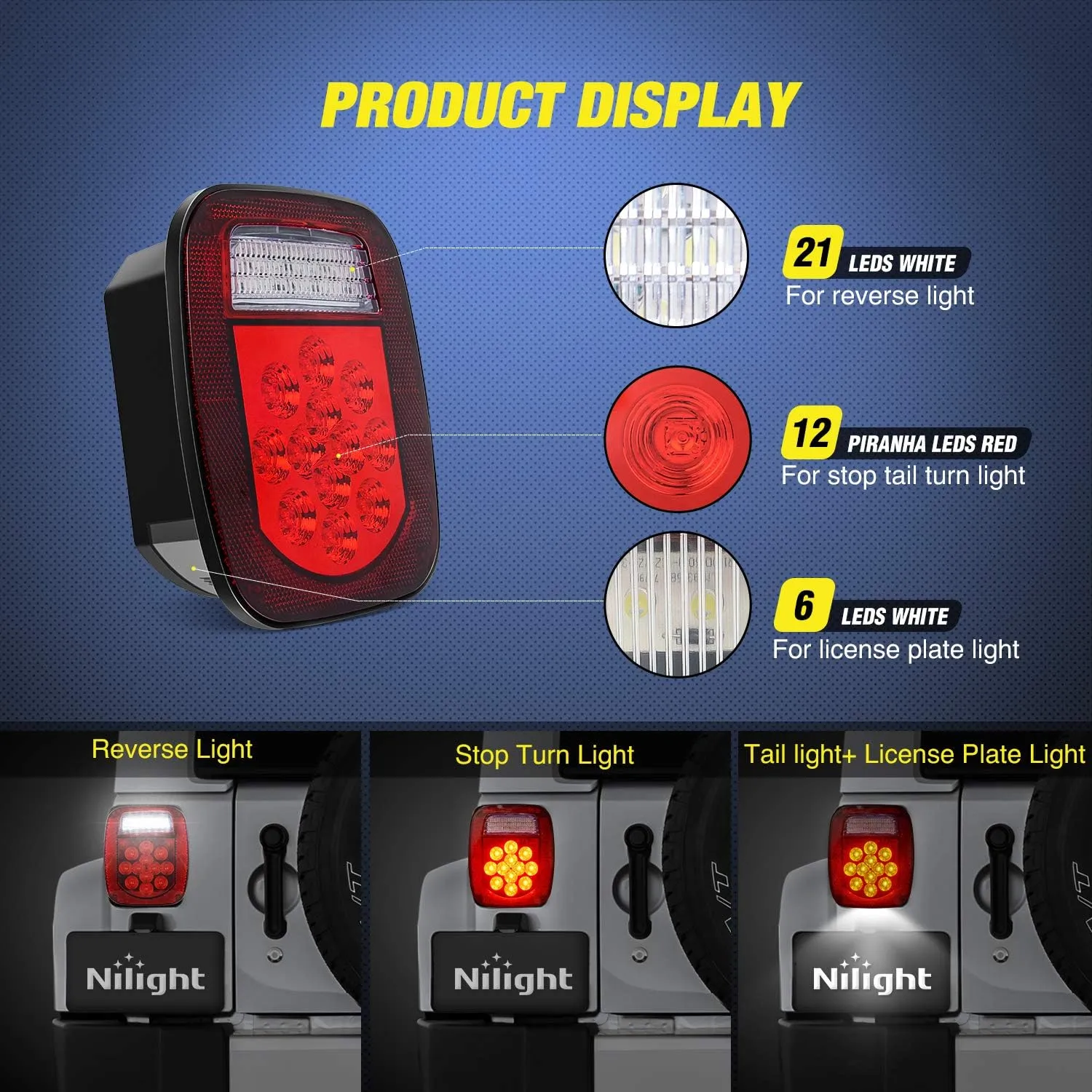 Nilight - TL-21 2PCS 39 LED Universal Stop Turn Tail Light for Truck Trailer Boat Jeep, 12V Stud Mounted Red/White Lamp