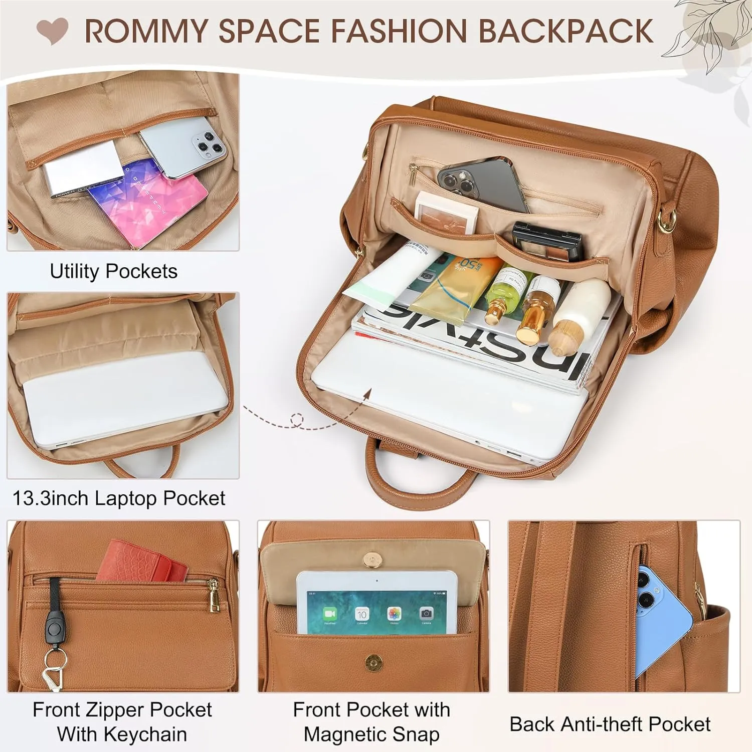 NUBILY Backpack Purse for Women Leather Anti-Theft Mini Backpack Fashion Designer Handbag Convertible Travel Bag Ladies Shoulder Bags, Brown