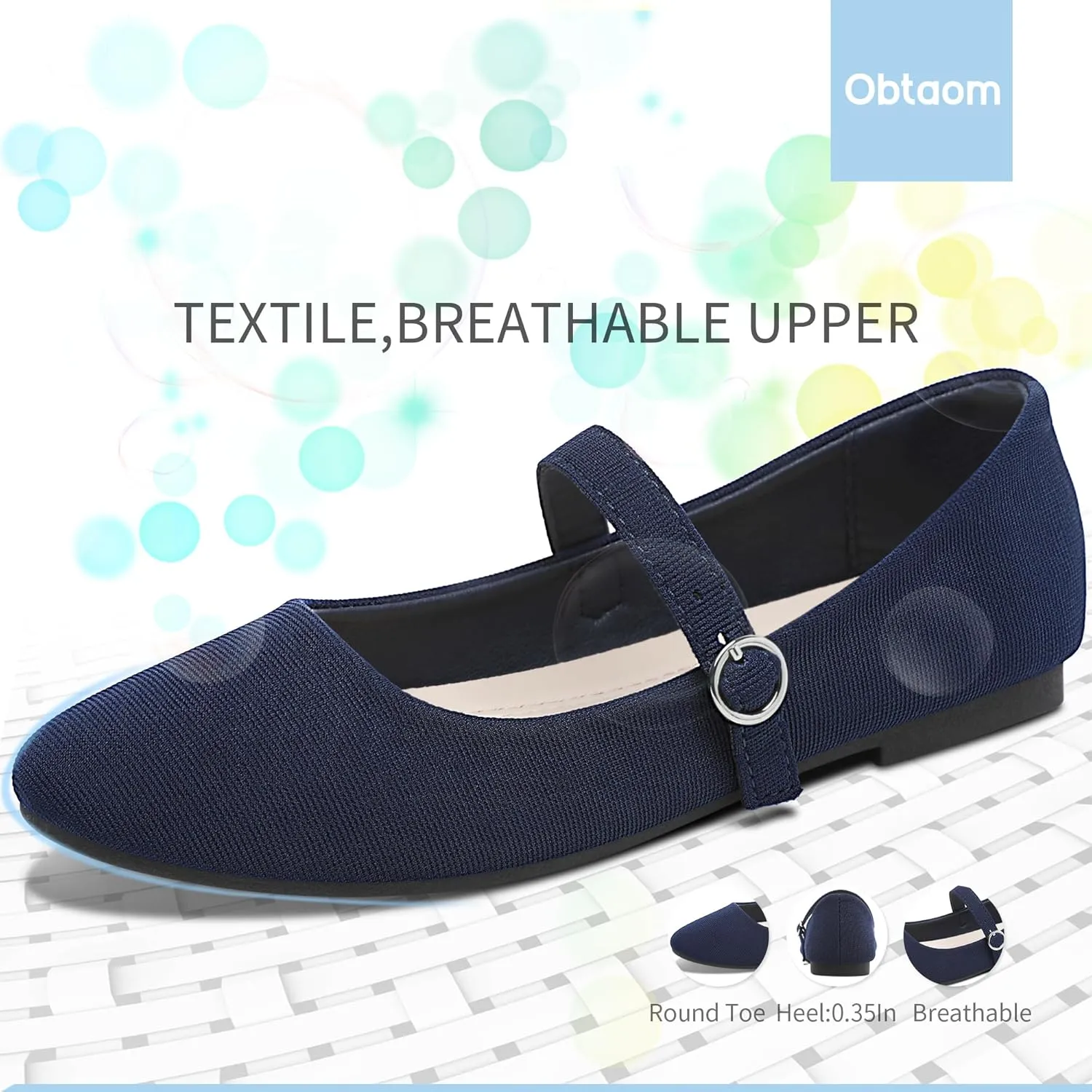 Obtaom Mary Jane Flat Shoes Round Toe Ballet Flats for Women Dressy Fabric Business Flats Comfortable Classic Strap Flats for Office