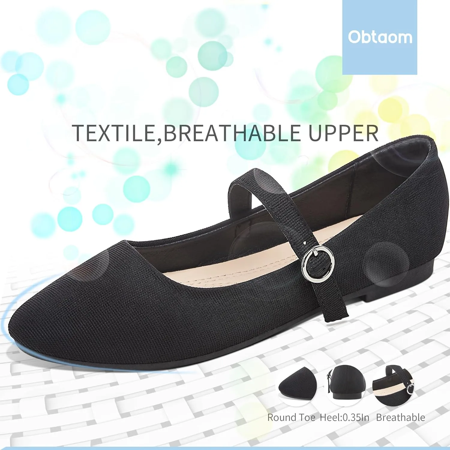 Obtaom Mary Jane Flat Shoes Round Toe Ballet Flats for Women Dressy Fabric Business Flats Comfortable Classic Strap Flats for Office