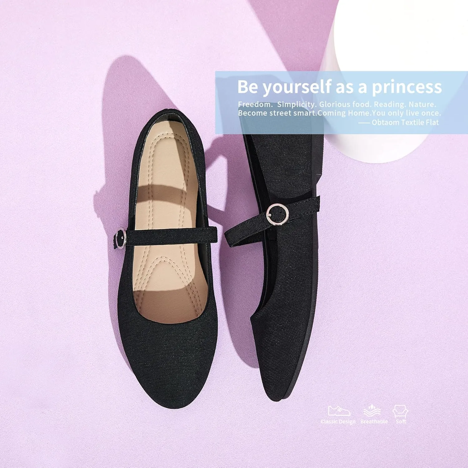 Obtaom Mary Jane Flat Shoes Round Toe Ballet Flats for Women Dressy Fabric Business Flats Comfortable Classic Strap Flats for Office