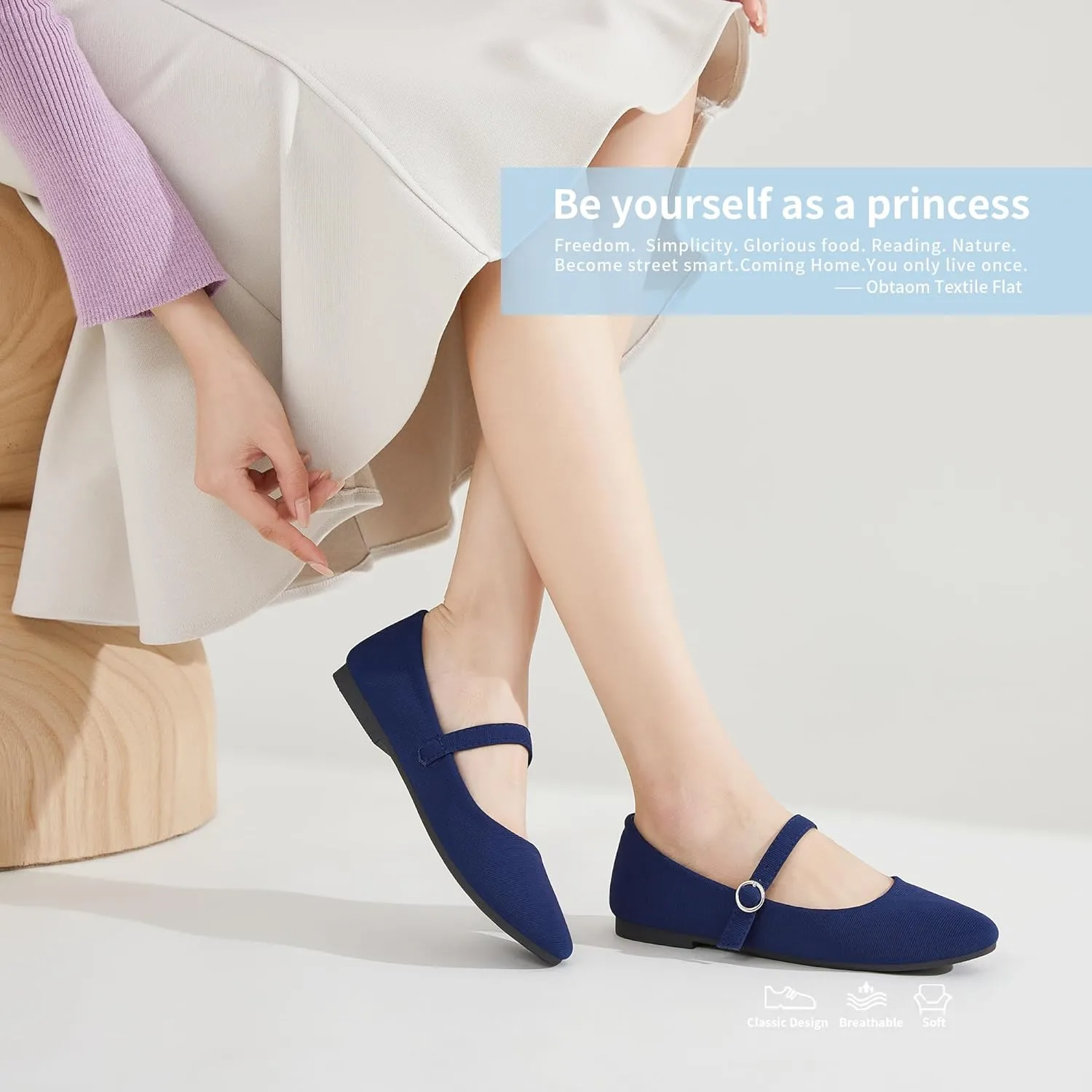 Obtaom Mary Jane Flat Shoes Round Toe Ballet Flats for Women Dressy Fabric Business Flats Comfortable Classic Strap Flats for Office