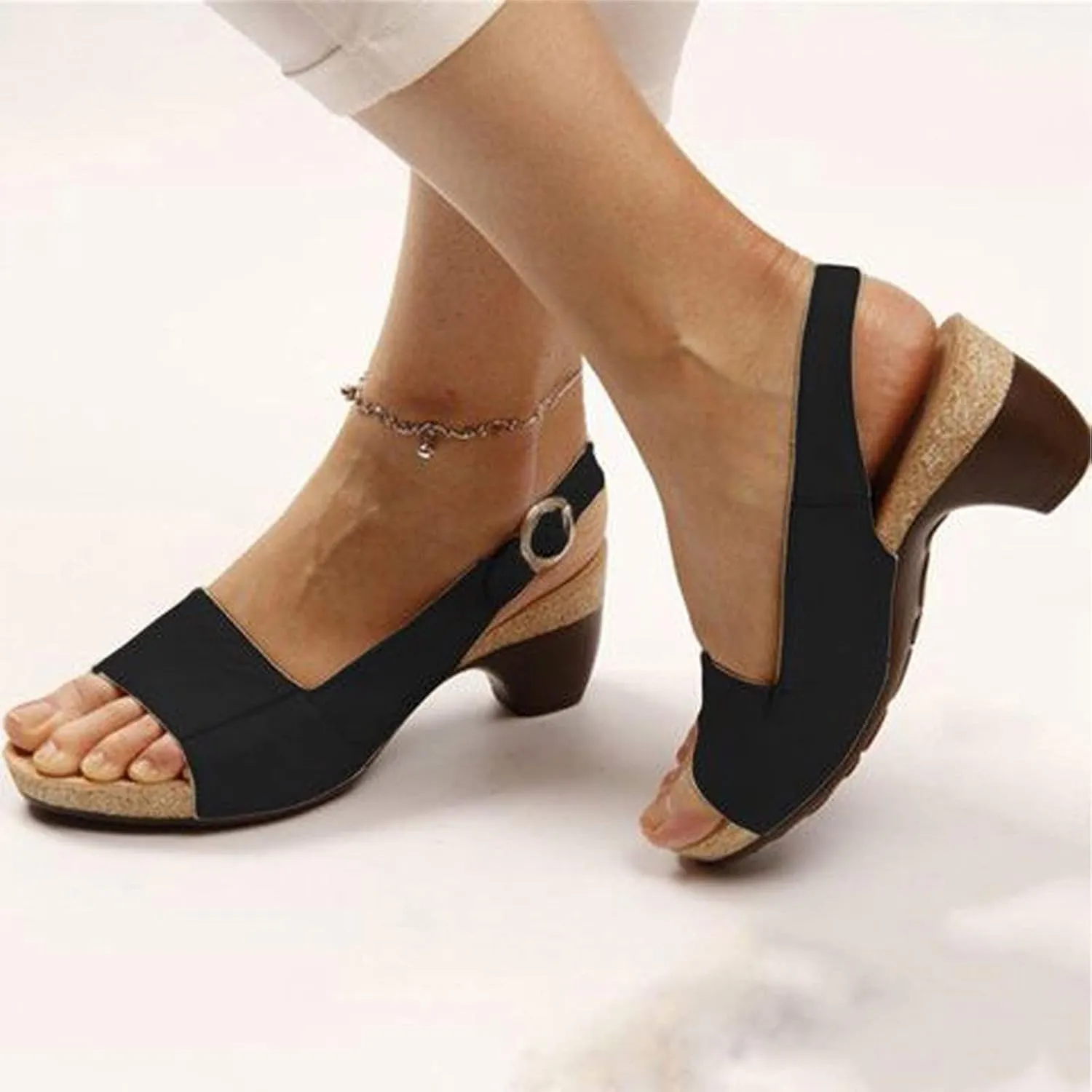oiangi Womens Summer Thick Heel Sandals Fashion Ankle Straps Buckle Open Toe Low Chunky Heel Sandals Comfortable Casual Ladies Slingback Shoes Slipper