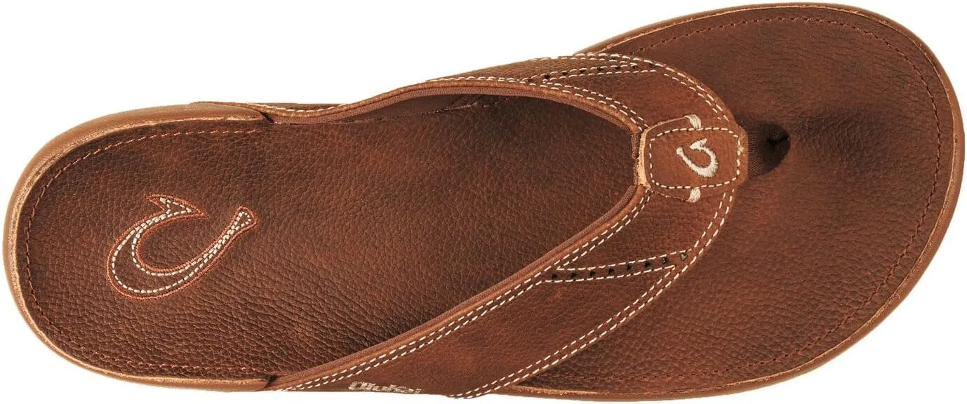 OLUKAI Nui Men's Beach Sandals, Full Grain Leather Flip-Flop Slides, Compression Molded Footbed & Ultra-Soft Comfort Fit
