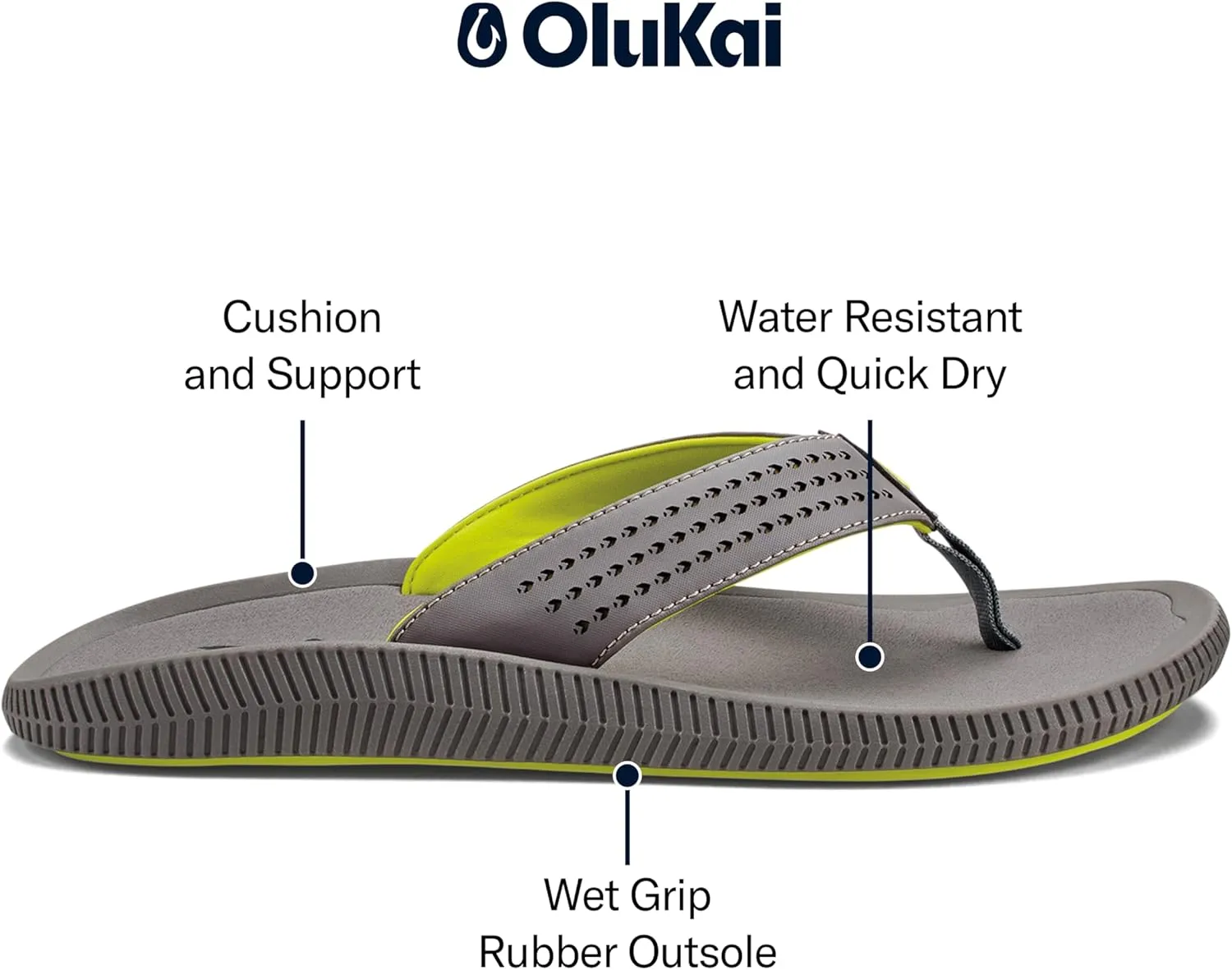 OLUKAI Ulele Men's Beach Sandals, Water Resistant Flip Flops, Arch Support & Comfort Fit, Lightweight & Durable, Enhanced Grip & Traction
