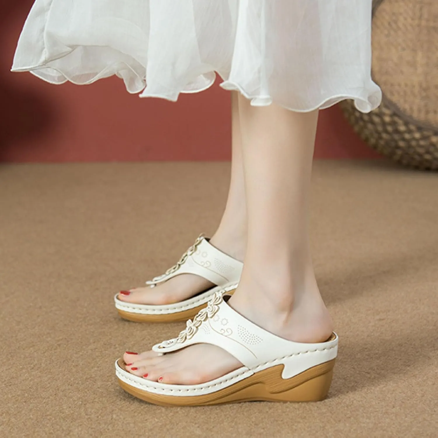 Orthopedic Wedge Sandals for Women Comfortable Arch Support Dressy Summer Flip Flops Casual Fashion Flower Slip On Sandal