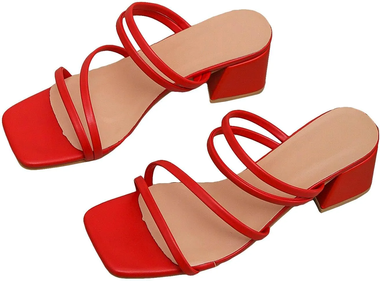 OYOANGLE Women's Strappy Square Open Toe Low Block Heel Sandals Thin Straps Chunky Heeled Mule Sandals