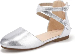 PANDANINJIA Girls Dress Shoes Flats Wedding Party School Toddler Little Kids Ankle Strap Ballet Flats Sandals