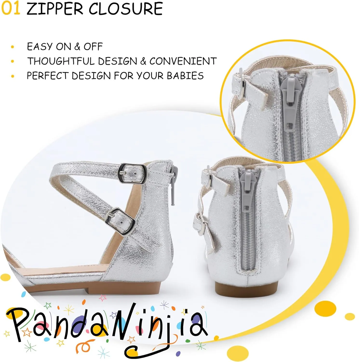 PANDANINJIA Girls Dress Shoes Flats Wedding Party School Toddler Little Kids Ankle Strap Ballet Flats Sandals