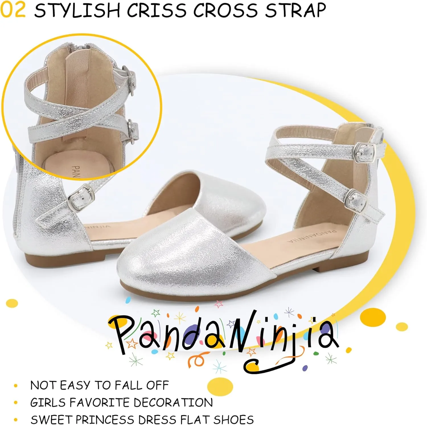 PANDANINJIA Girls Dress Shoes Flats Wedding Party School Toddler Little Kids Ankle Strap Ballet Flats Sandals