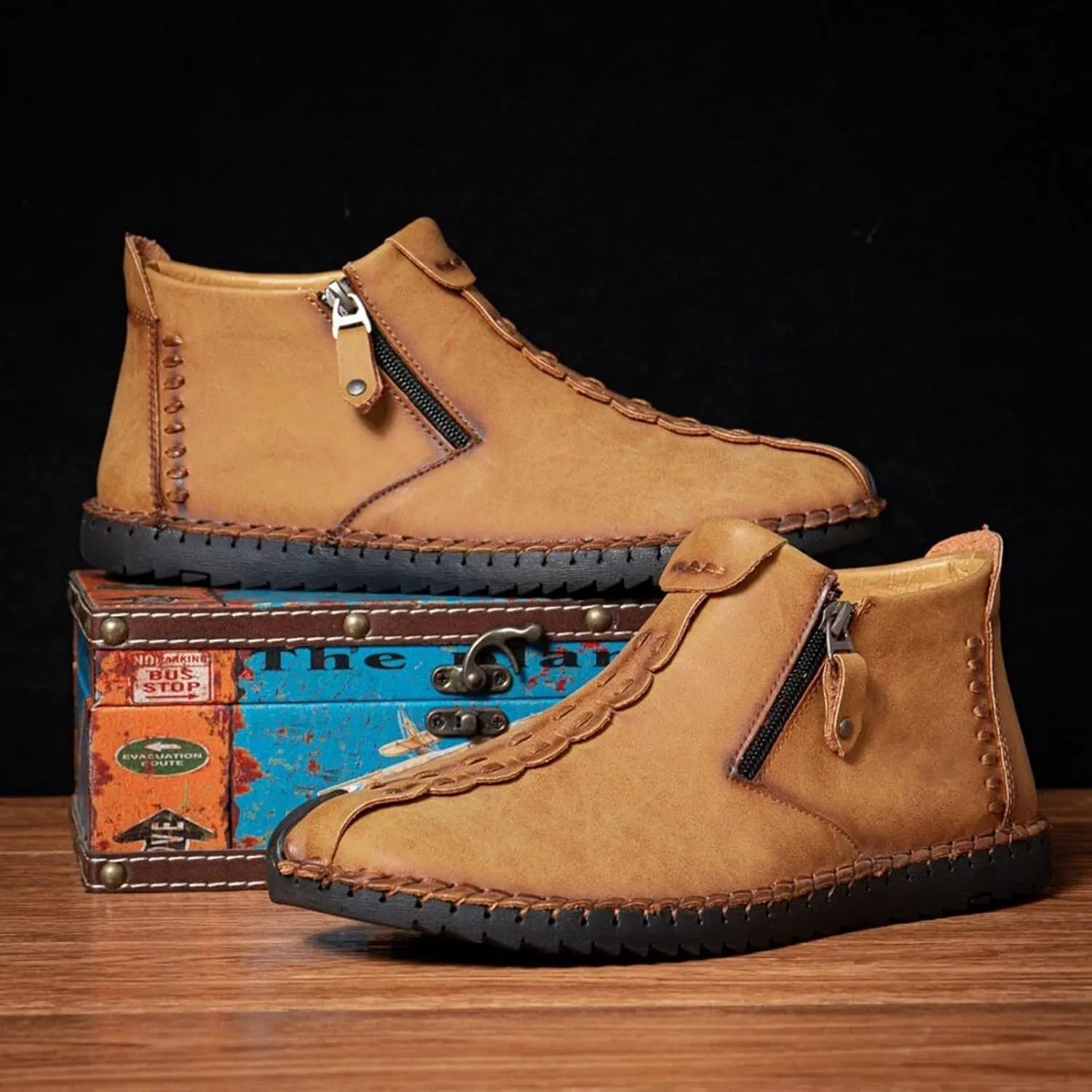 Phanile Mens Shoes, Men's Outdoor Comfy Arch Support Waterproof Walking Shoes, Orthopedic Sneakers Breathable and Light & Non-Slip Zipper Outdoor Casual Handmade Shoes Work Boot