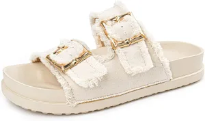 Platform Sandals for Women Denim Sandals Double Buckle Adjustable Straps Slip On Slide Sandals InDoor/Outdoor Comfortable Vacation
