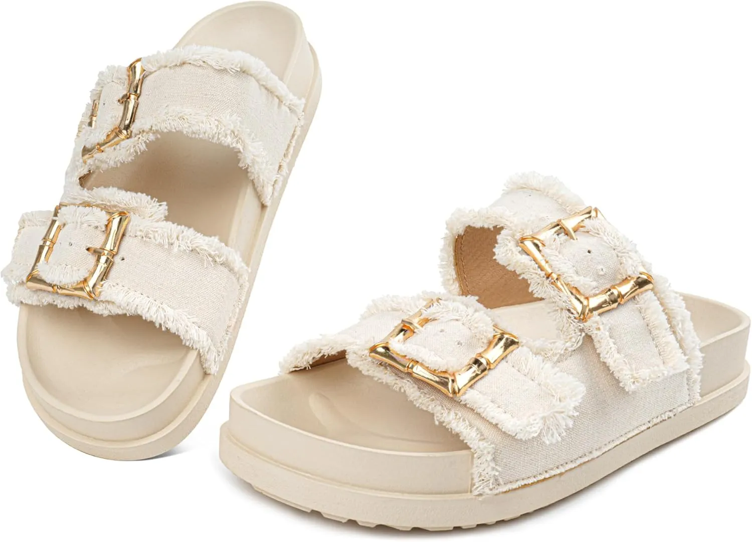 Platform Sandals for Women Denim Sandals Double Buckle Adjustable Straps Slip On Slide Sandals InDoor/Outdoor Comfortable Vacation