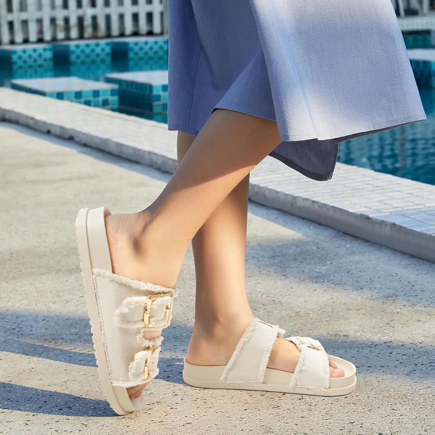 Platform Sandals for Women Denim Sandals Double Buckle Adjustable Straps Slip On Slide Sandals InDoor/Outdoor Comfortable Vacation