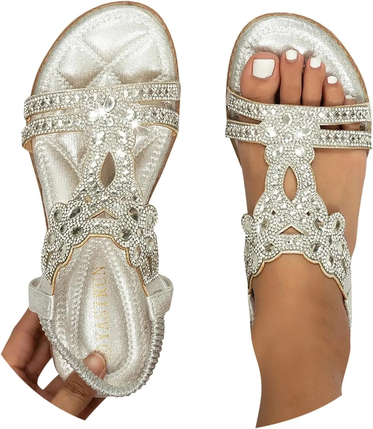 Rhinestone Sandals for Women Dressy Bohemian Flat Comfortable Ankle Elastic T-Strap Open Toe Sandals Slip On Sandal Walking Beach Shoes