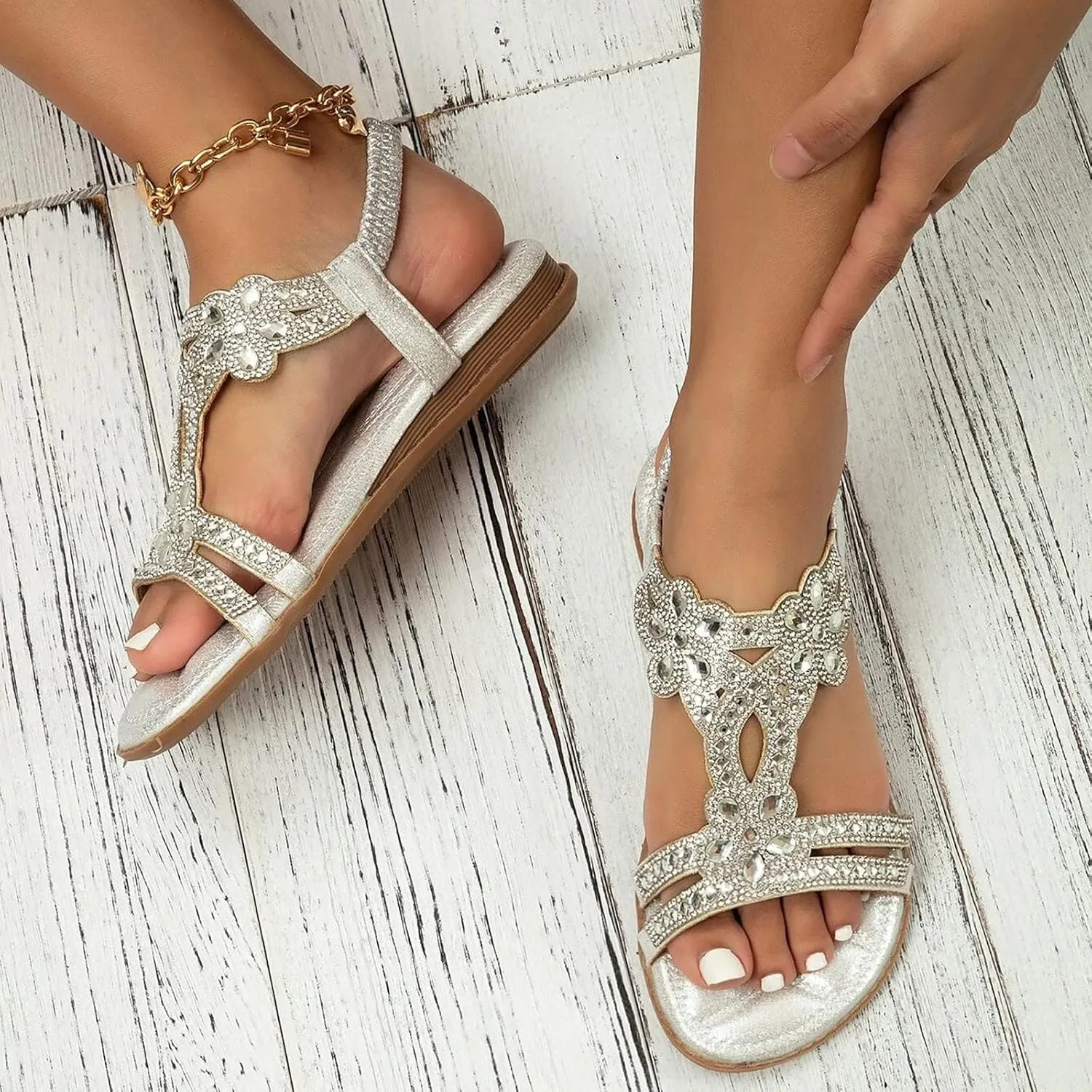 Rhinestone Sandals for Women Dressy Bohemian Flat Comfortable Ankle Elastic T-Strap Open Toe Sandals Slip On Sandal Walking Beach Shoes