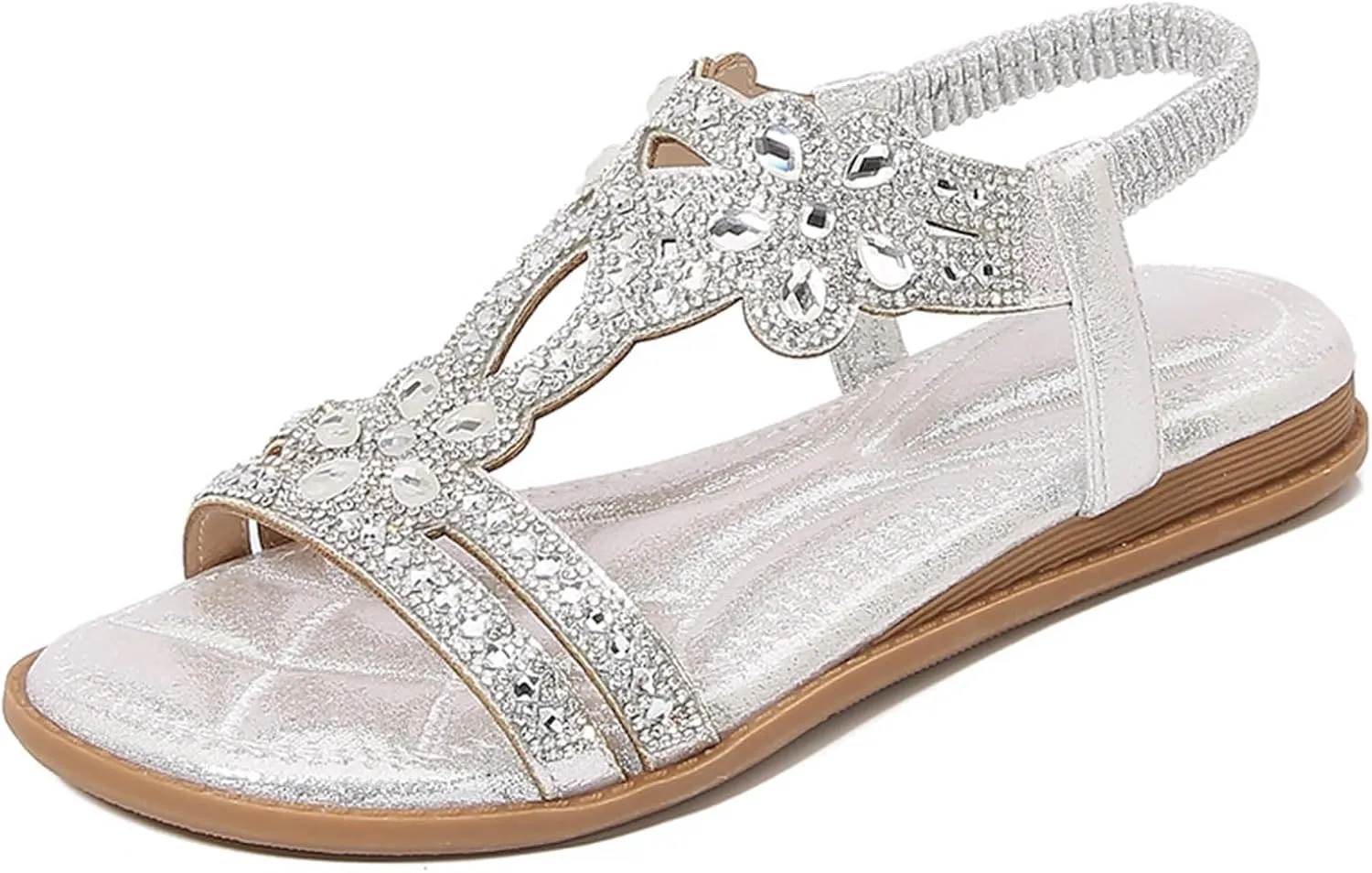 Rhinestone Sandals for Women Dressy Bohemian Flat Comfortable Ankle Elastic T-Strap Open Toe Sandals Slip On Sandal Walking Beach Shoes