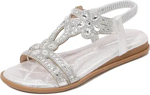Rhinestone Sandals for Women Dressy Bohemian Flat Comfortable Ankle Elastic T-Strap Open Toe Sandals Slip On Sandal Walking Beach Shoes