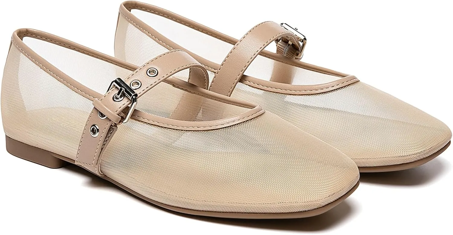 Rihero Mesh Ballet Flats for Women Square Toe Buckle Strap Mary Jane Flats Comfortable Casual Ballerina Shoes