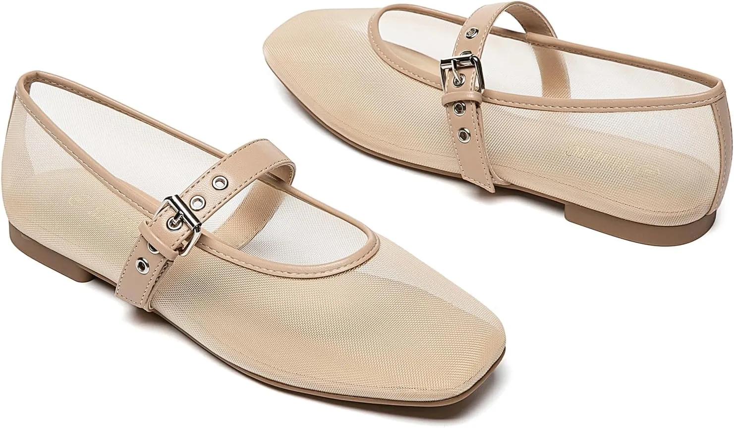 Rihero Mesh Ballet Flats for Women Square Toe Buckle Strap Mary Jane Flats Comfortable Casual Ballerina Shoes