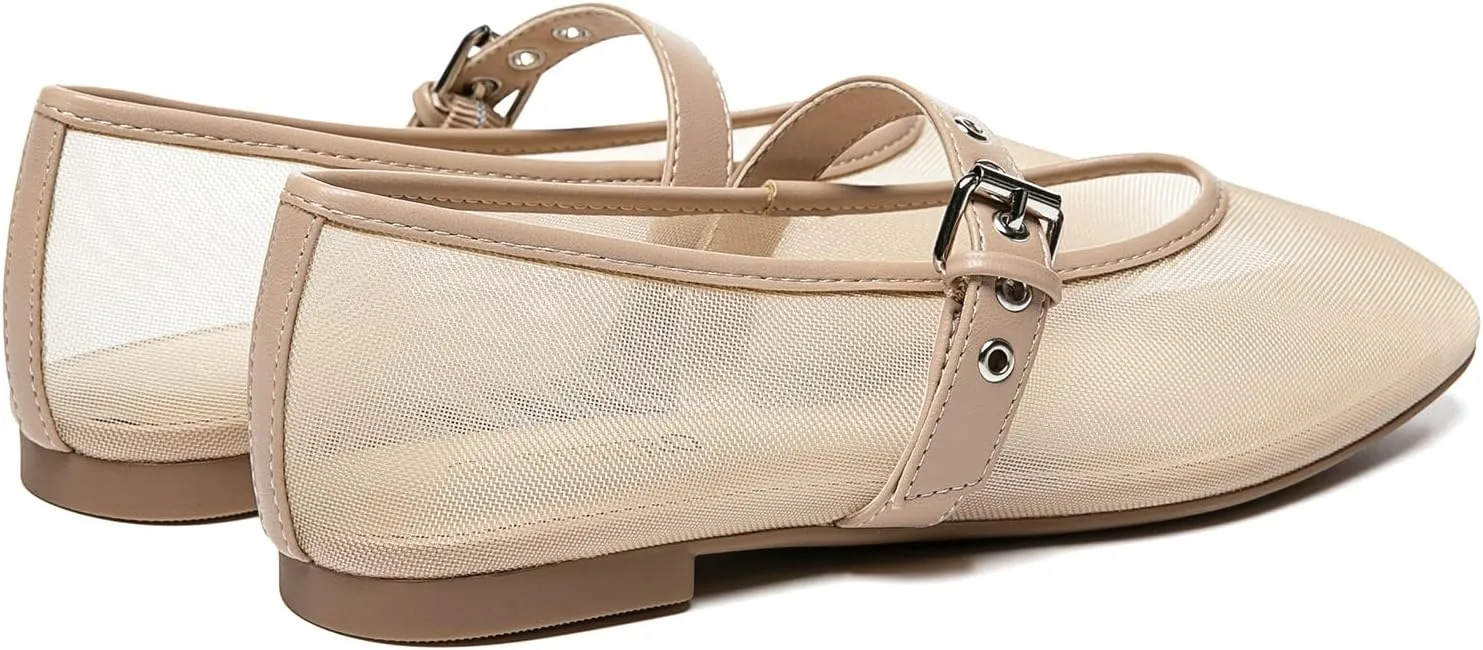 Rihero Mesh Ballet Flats for Women Square Toe Buckle Strap Mary Jane Flats Comfortable Casual Ballerina Shoes