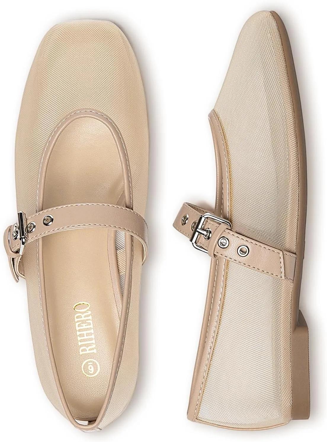 Rihero Mesh Ballet Flats for Women Square Toe Buckle Strap Mary Jane Flats Comfortable Casual Ballerina Shoes