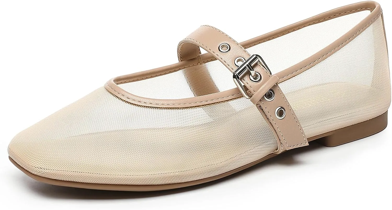Rihero Mesh Ballet Flats for Women Square Toe Buckle Strap Mary Jane Flats Comfortable Casual Ballerina Shoes