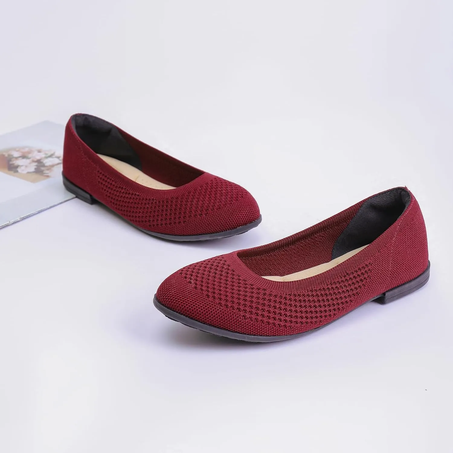 Saidoteto Women's Ballet Flats - Comfortable Round Toe Knit Slip-On Shoes, Casual Office Dress Flats for Work
