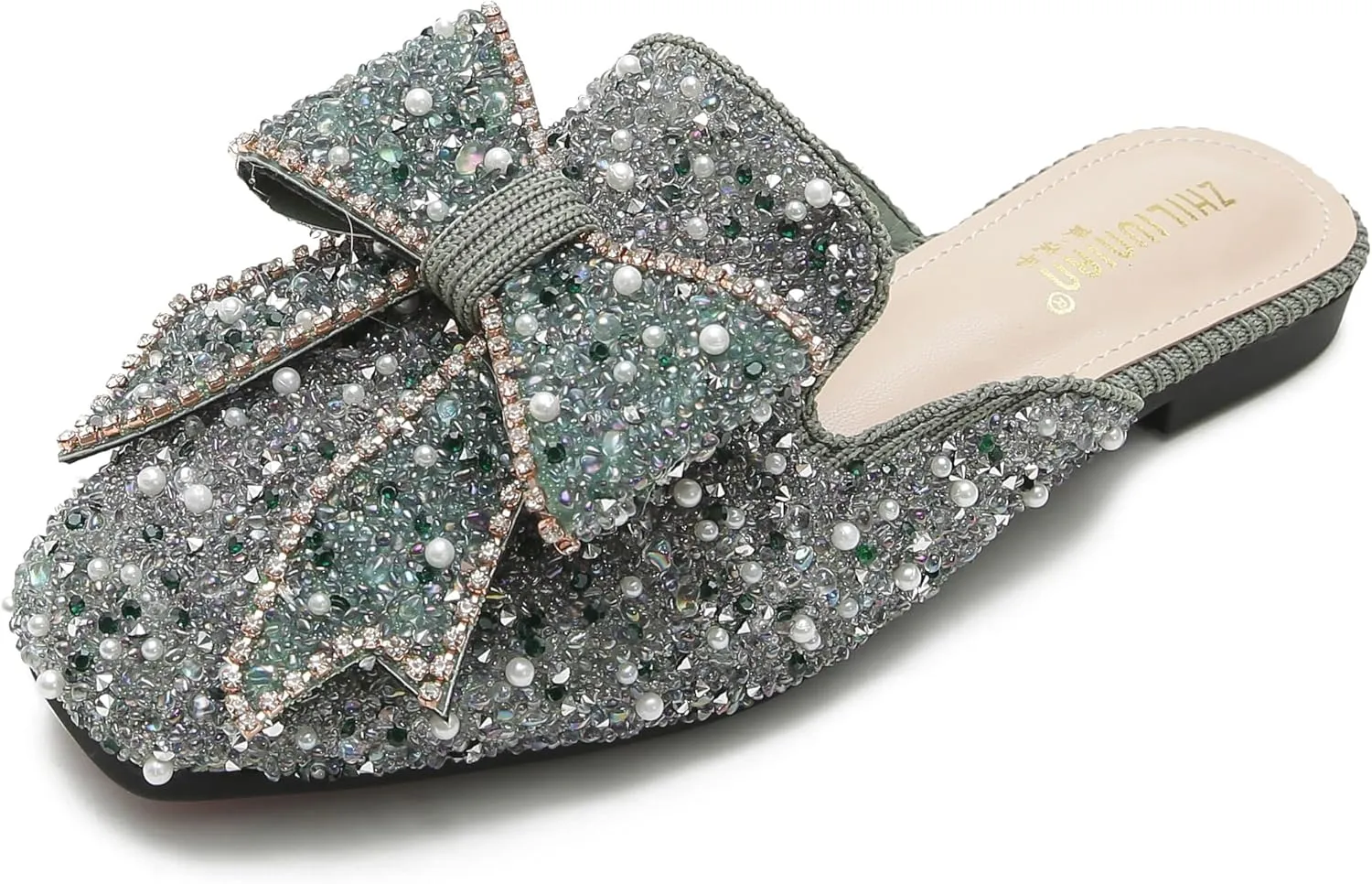 SANIOOOI Women's Pearl Rhinestone Bow Mules,Glitter Square Toe Slip on Flat Ladies Sparkly Baotou Clogs Slippers