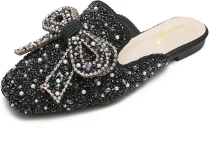SANIOOOI Women's Pearl Rhinestone Bow Mules,Glitter Square Toe Slip on Flat Ladies Sparkly Baotou Clogs Slippers