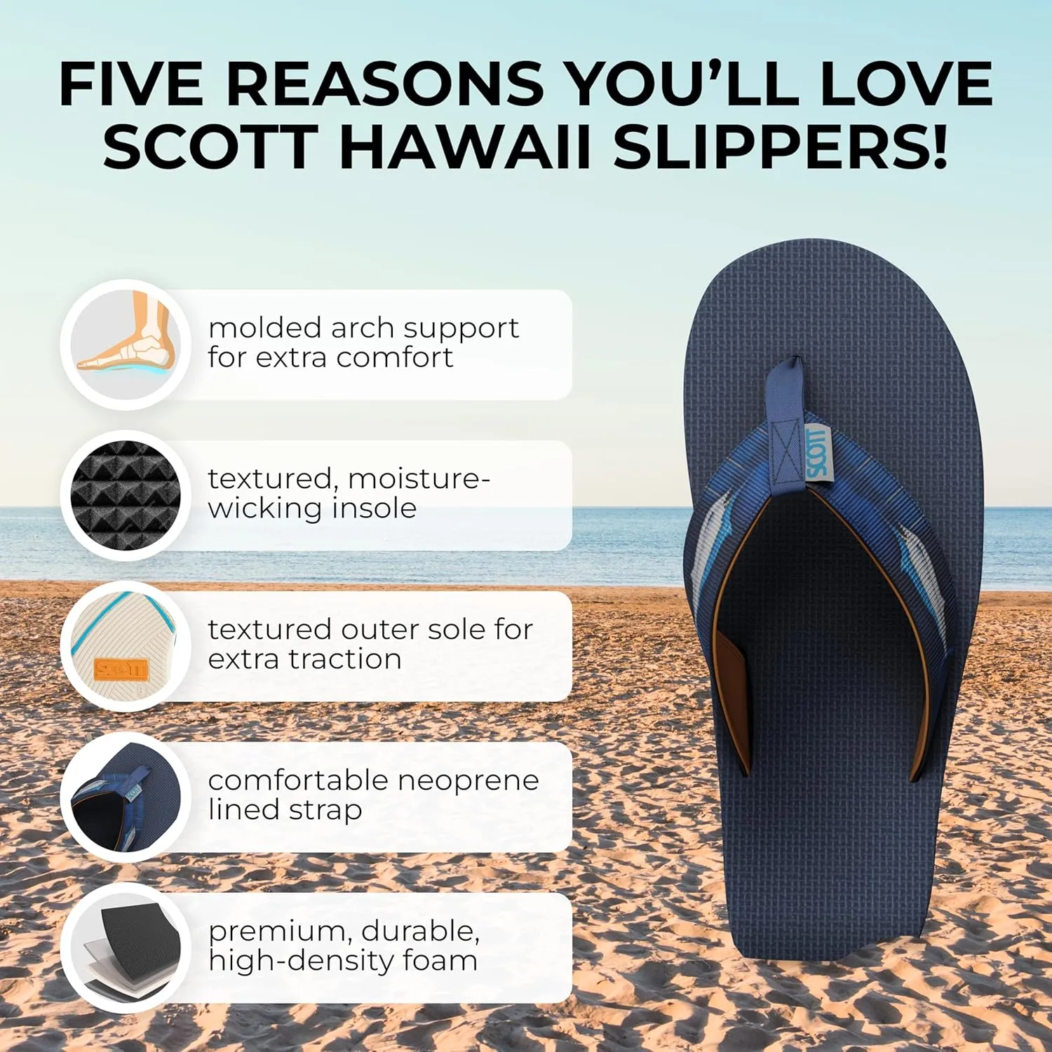 Scott Hawaii Men's Kaiko Sandal | Nylon Strap with Neoprene Lining | Molded Non-marking No-slip Outsole | Arch Support and Heel Cup | Marine & Boat Friendly
