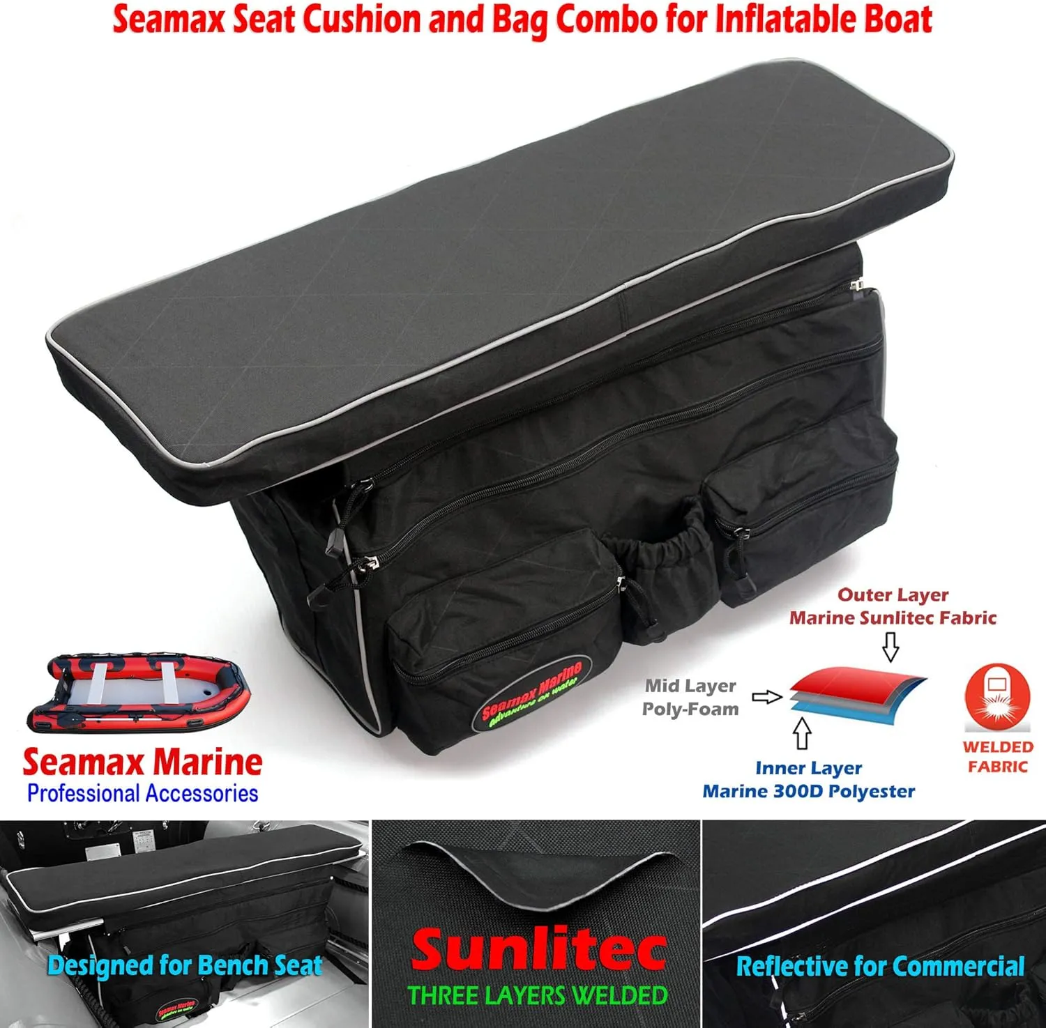 Seamax Sunlitec Inflatable Boat Bench Seat Cushion and Detachable Seat Bag Combo, with Reflective Line
