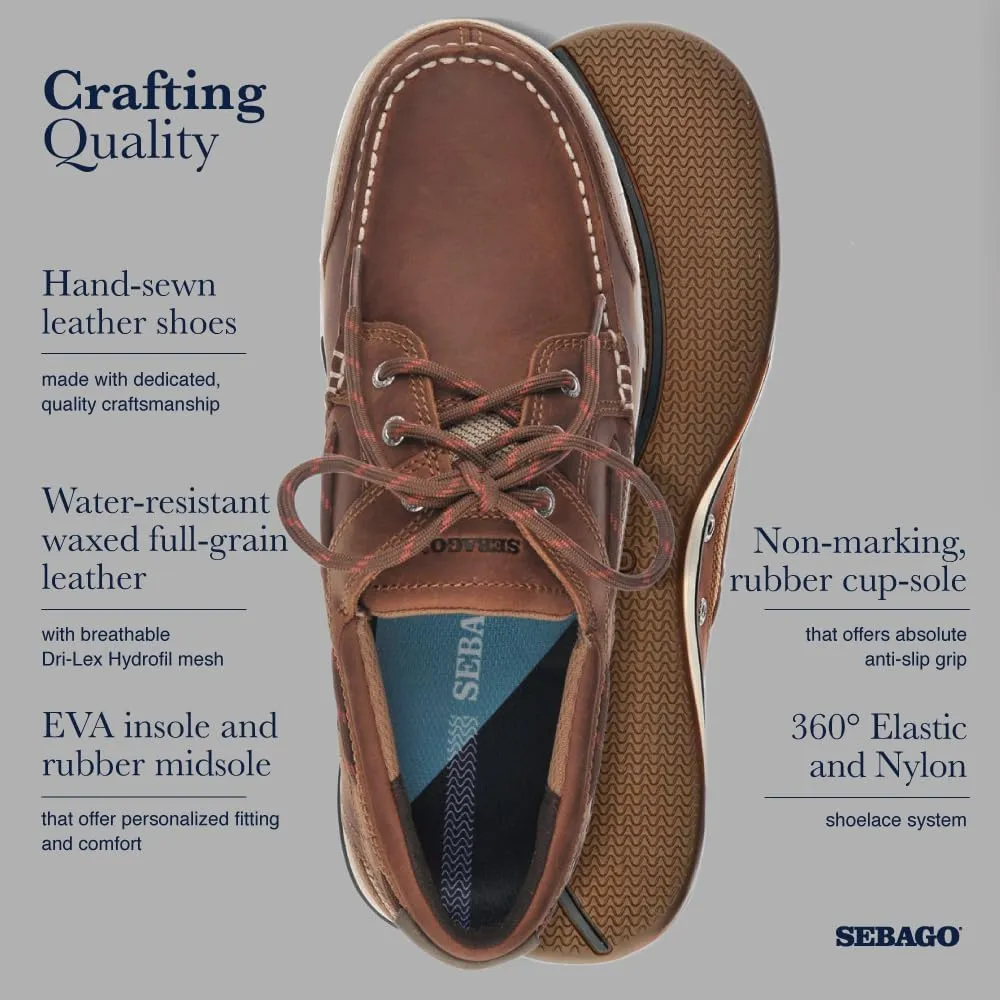 Sebago Triton Three Eyelets FGL Boat Shoes - Waxed Leather Moccasins with Breathable Mesh Lining, Comfy EVA Insole, and Strobel-Attached Rubber Outsole