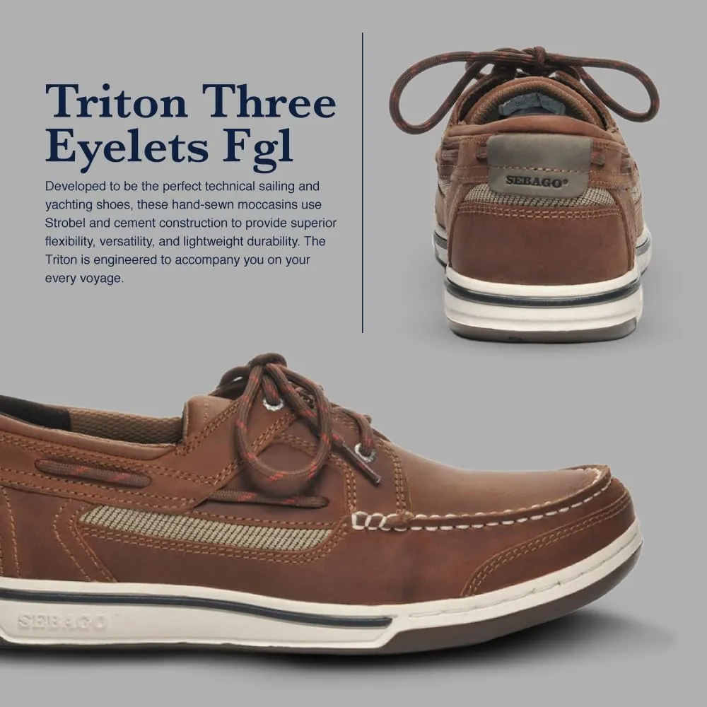 Sebago Triton Three Eyelets FGL Boat Shoes - Waxed Leather Moccasins with Breathable Mesh Lining, Comfy EVA Insole, and Strobel-Attached Rubber Outsole