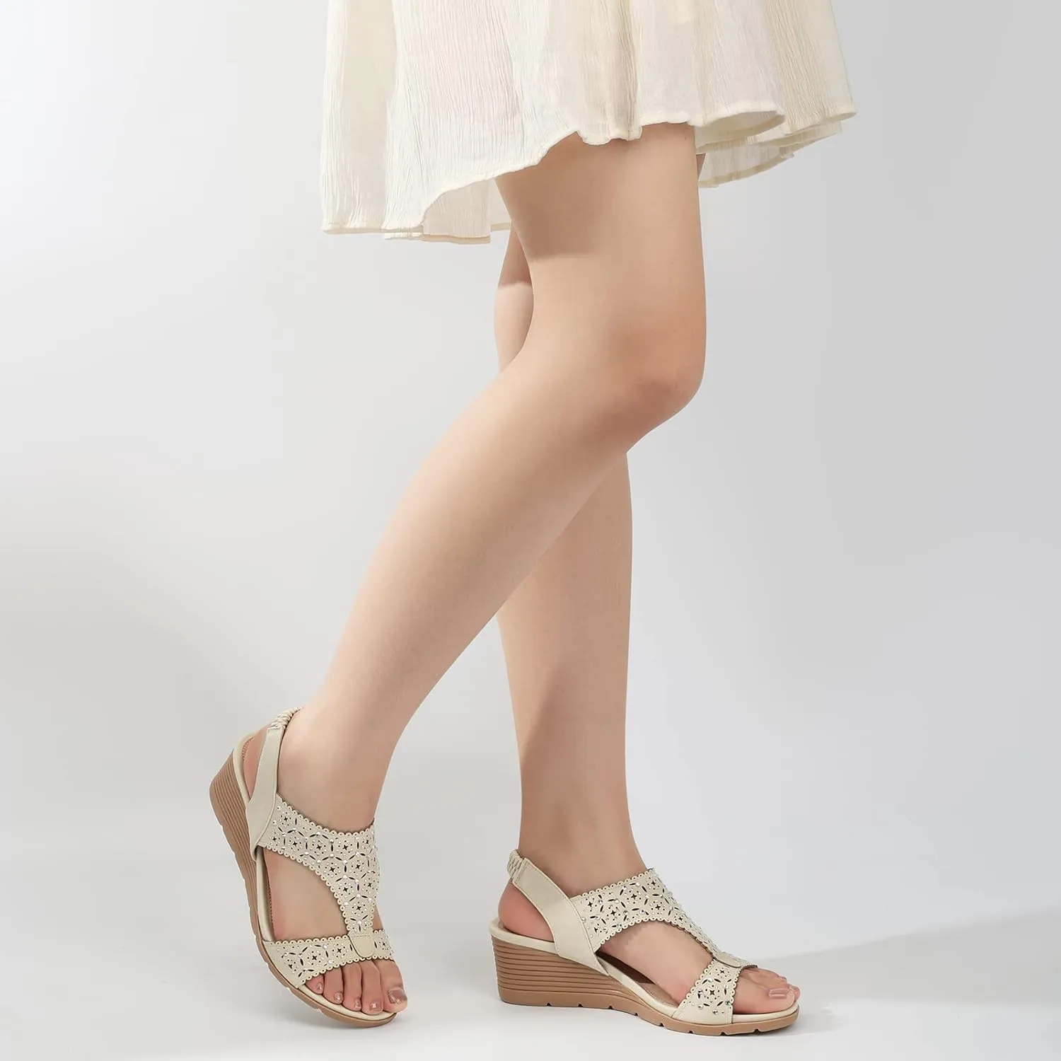 SHIBEVER Womens Sandals Wedge Low: Elastic Ankle Strap Wedge Sandals - Dressy Sandals Women - Comfortable Open Toe