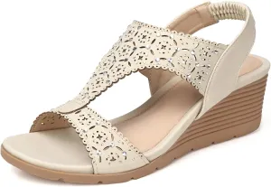 SHIBEVER Womens Sandals Wedge Low: Elastic Ankle Strap Wedge Sandals - Dressy Sandals Women - Comfortable Open Toe
