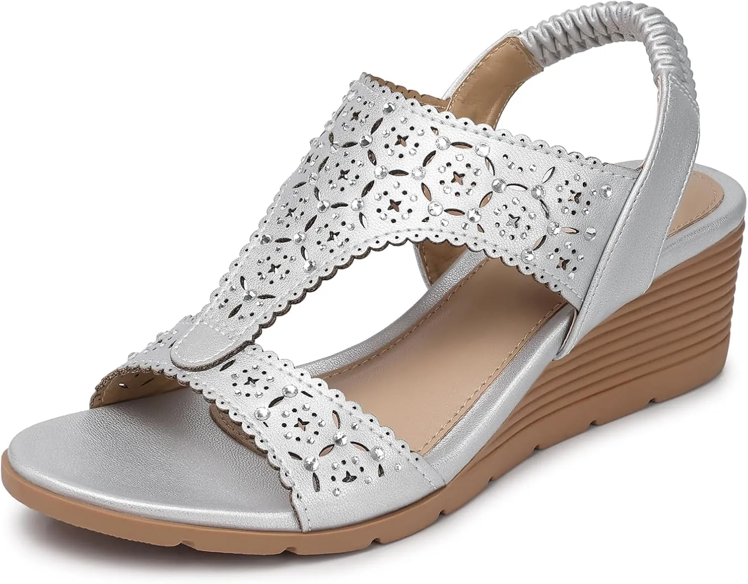SHIBEVER Womens Sandals Wedge Low: Elastic Ankle Strap Wedge Sandals - Dressy Sandals Women - Comfortable Open Toe