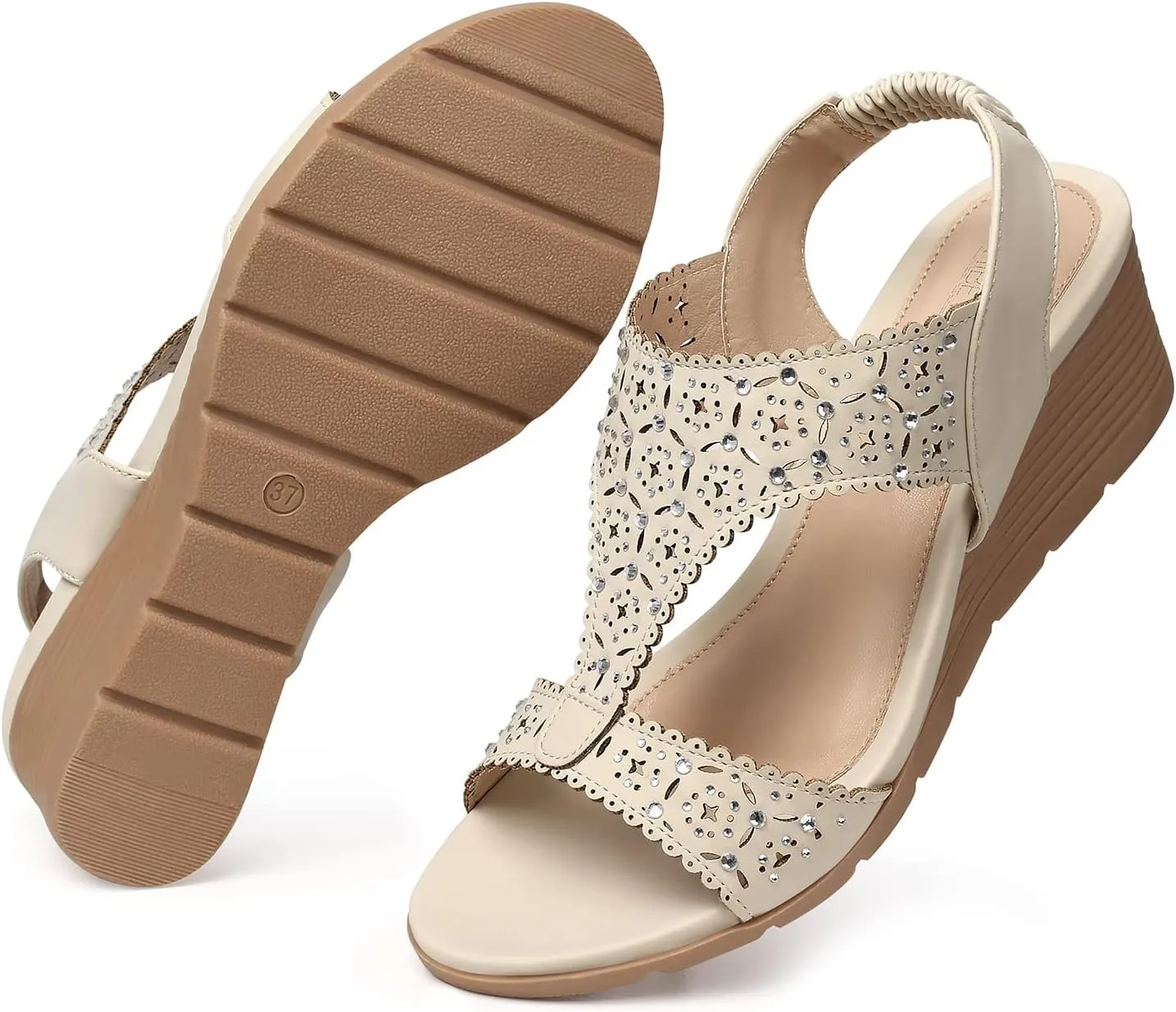 SHIBEVER Womens Sandals Wedge Low: Elastic Ankle Strap Wedge Sandals - Dressy Sandals Women - Comfortable Open Toe