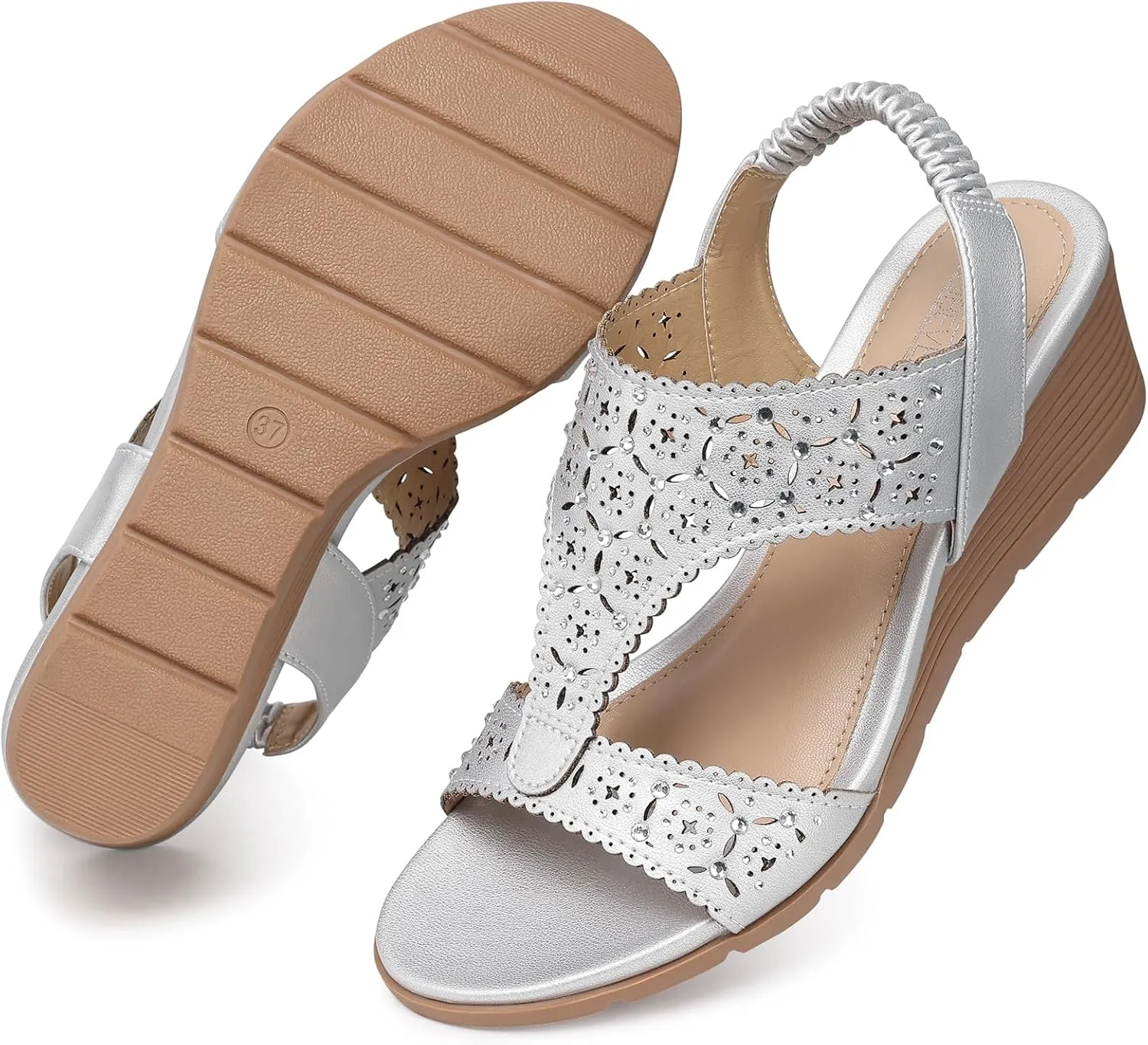 SHIBEVER Womens Sandals Wedge Low: Elastic Ankle Strap Wedge Sandals - Dressy Sandals Women - Comfortable Open Toe