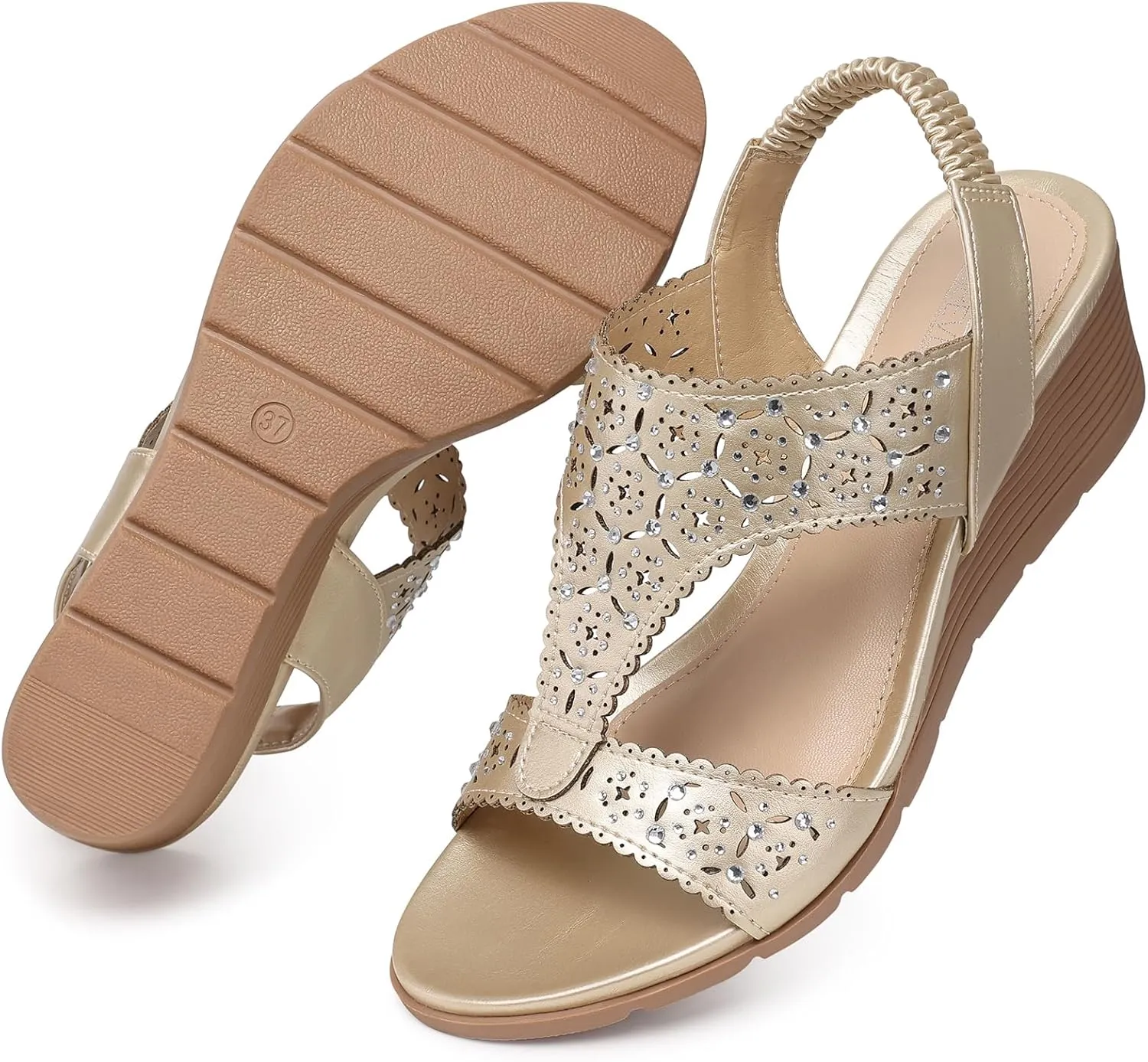 SHIBEVER Womens Sandals Wedge Low: Elastic Ankle Strap Wedge Sandals - Dressy Sandals Women - Comfortable Open Toe