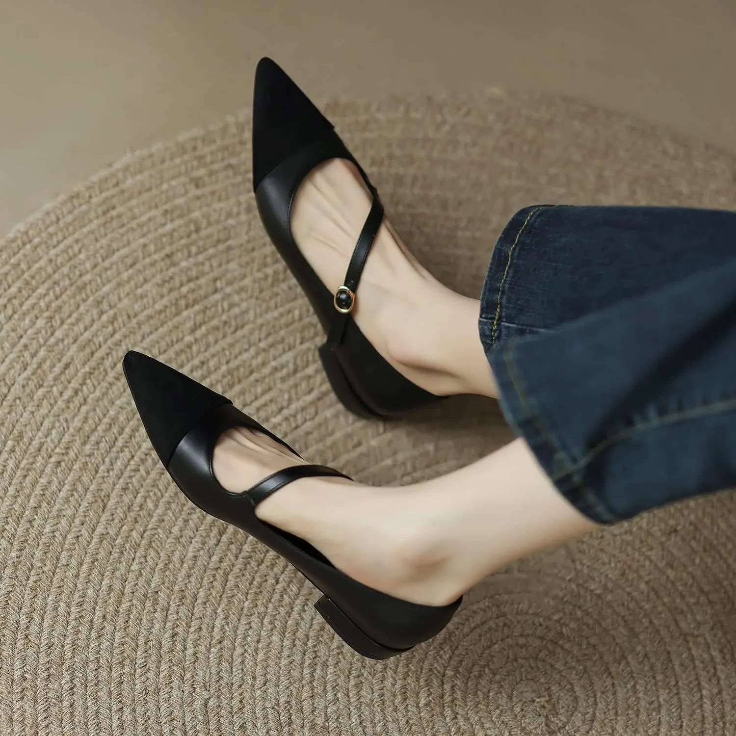 SHODENSE Women Cap Toe Flats Shoes Ankle Strap Pointed Closed Toe Flat Heel Mary Janes Two Tone Comfort 1" Low Chunky Heel Dress Shoes Pumps Office Ladies Driver Ballet Flats 4-10 M US