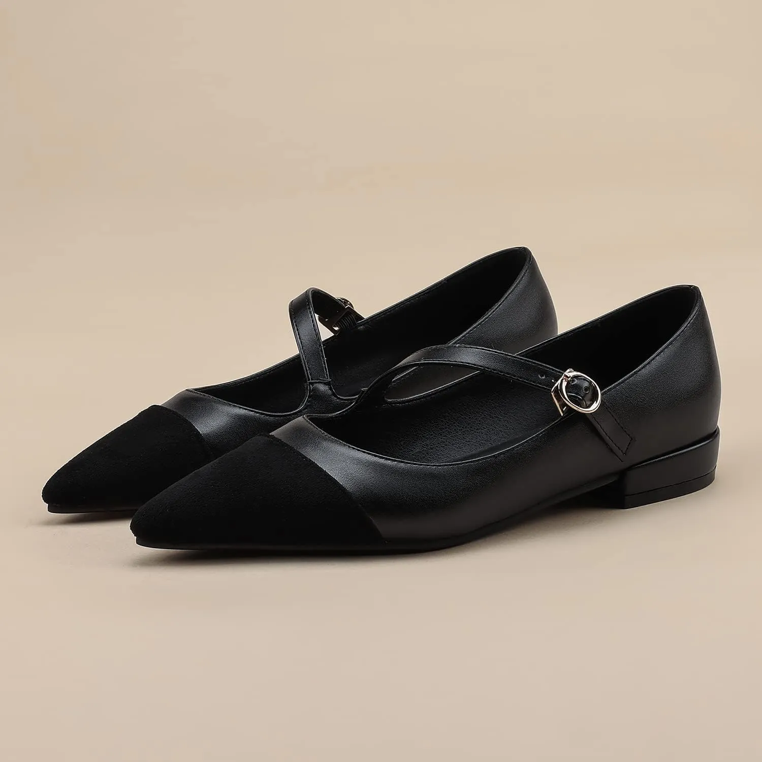 SHODENSE Women Cap Toe Flats Shoes Ankle Strap Pointed Closed Toe Flat Heel Mary Janes Two Tone Comfort 1" Low Chunky Heel Dress Shoes Pumps Office Ladies Driver Ballet Flats 4-10 M US