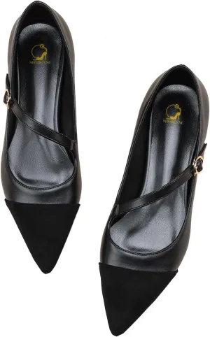 SHODENSE Women Cap Toe Flats Shoes Ankle Strap Pointed Closed Toe Flat Heel Mary Janes Two Tone Comfort 1" Low Chunky Heel Dress Shoes Pumps Office Ladies Driver Ballet Flats 4-10 M US