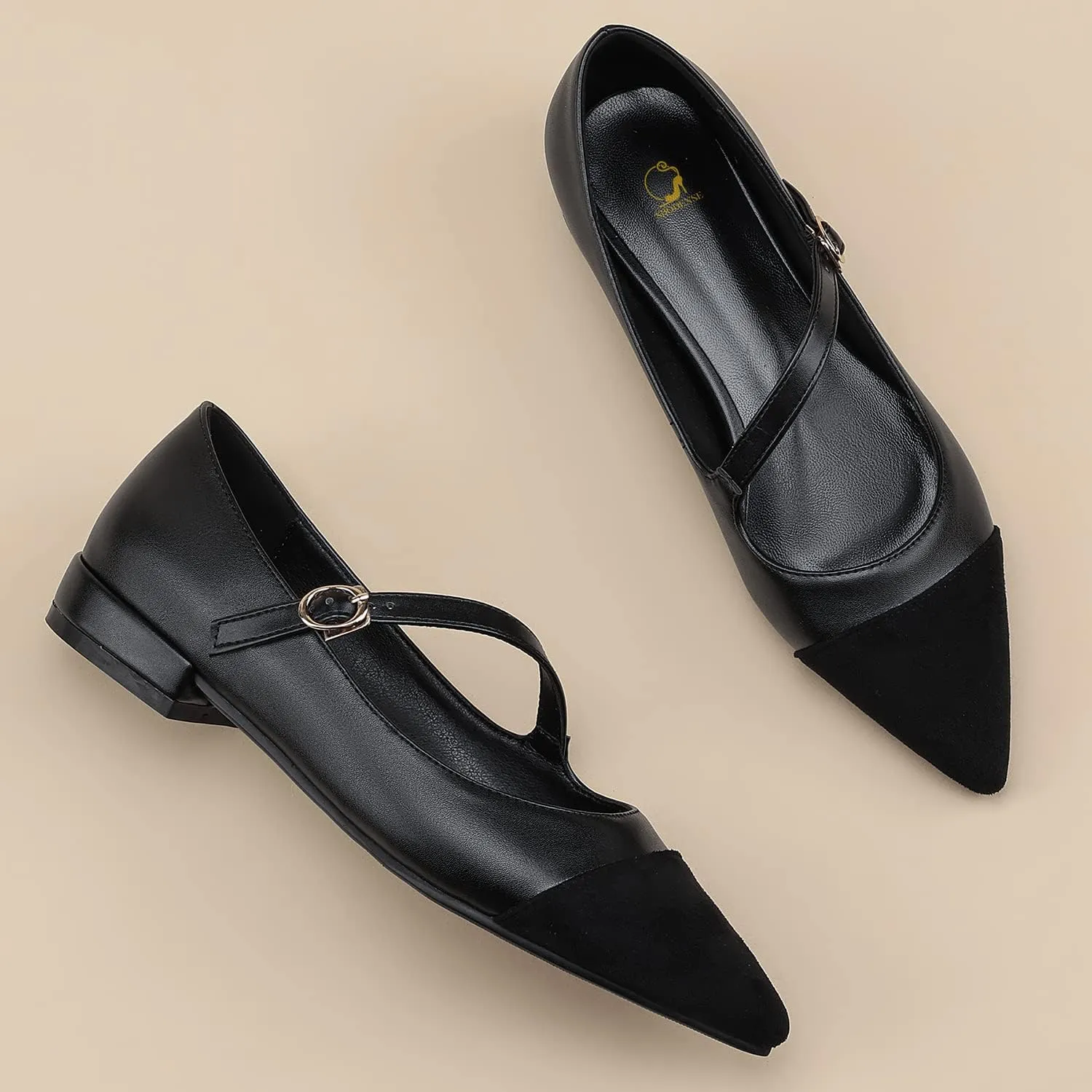 SHODENSE Women Cap Toe Flats Shoes Ankle Strap Pointed Closed Toe Flat Heel Mary Janes Two Tone Comfort 1" Low Chunky Heel Dress Shoes Pumps Office Ladies Driver Ballet Flats 4-10 M US